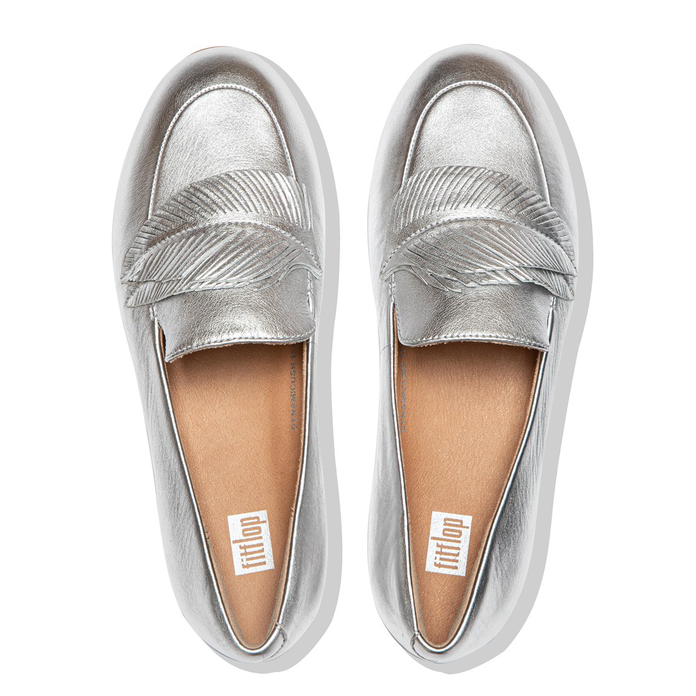 Fitflop Womens Loafers Silver - Lena Feather Metallic Leather - 47LYJGQIR